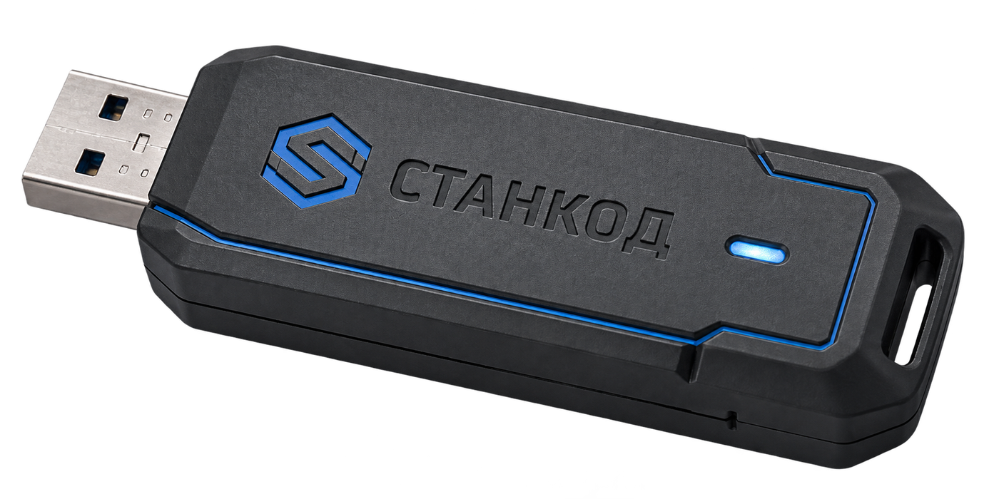 Рендер корпуса СТАНКОД Мост: графитовый модуль с USB-разъёмом и Wi‑Fi-антенной.